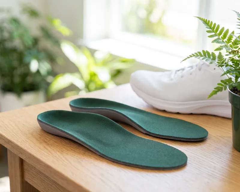 A pair of custom foot orthotics beside a running shoe